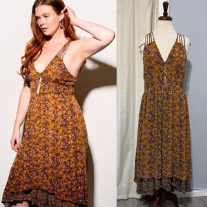American Rag Golden Strappy Stretchy Floral High Low Maxi Dress Lined Boho Sz L